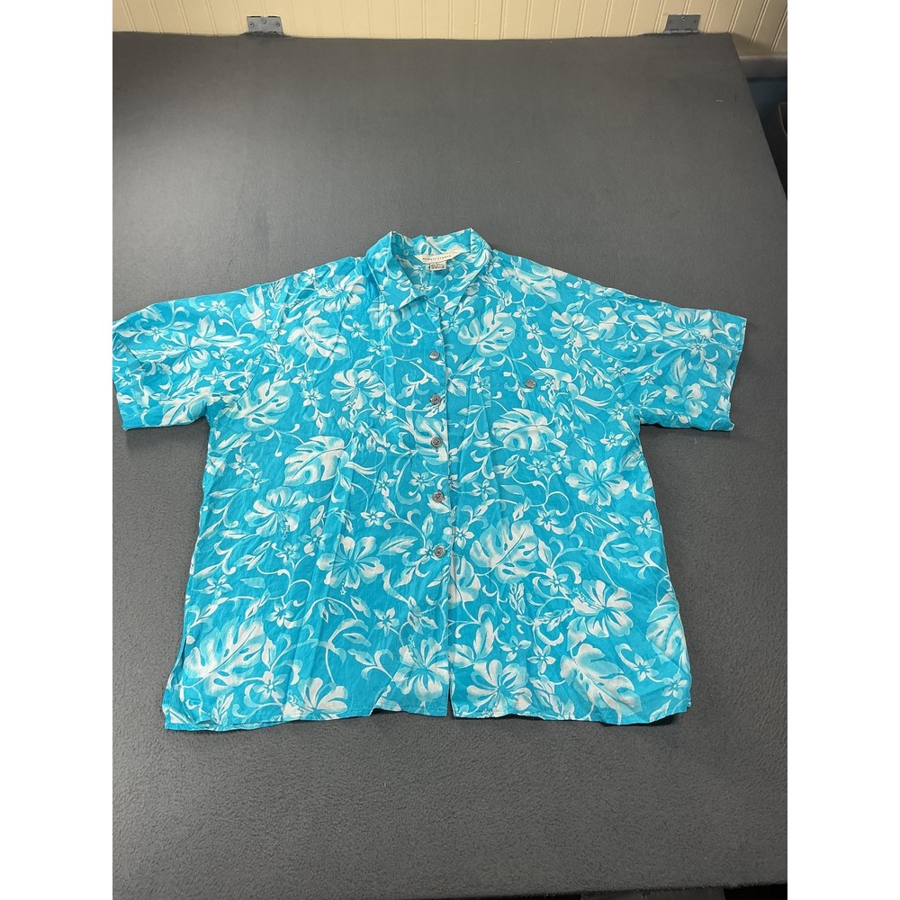 Melrose Studio Shirt Mens L Blue Floral Silk Short Sleeve Button Up Satin